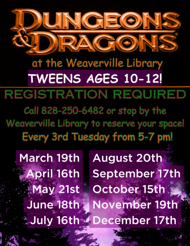 Gold Dungeons & Dragons logo on a purple and black image of a nighttime forest. Registration information and dates of events are also on the flyer.