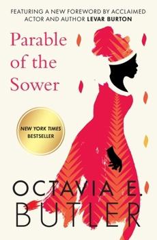 Image of the cover of "Parable of the Sower" showing a dark skinned woman in a red dress and turban.