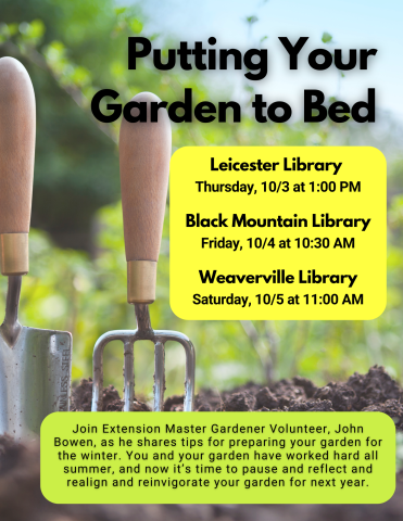 Program flier: Series details in forefront.  Background image of outdoor scene with gardening tools sticking into brown garden soil. 