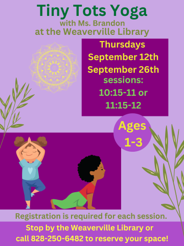 Two small children doing yoga. Bamboo stalks on sides of flyer. Purple background. Includes event details, registration info and dates.