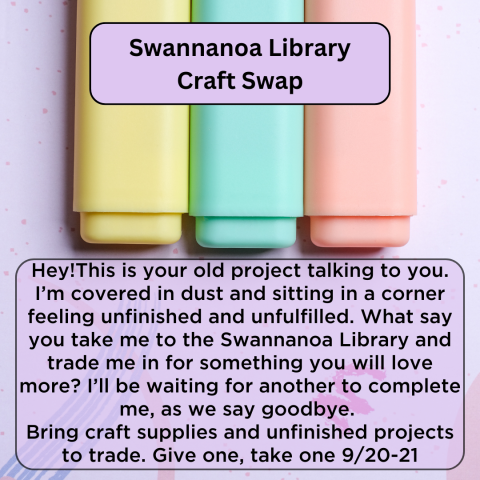 Image of markers and "swannanoa library craft swap" happens on September 20 and 21 from 10-12:15