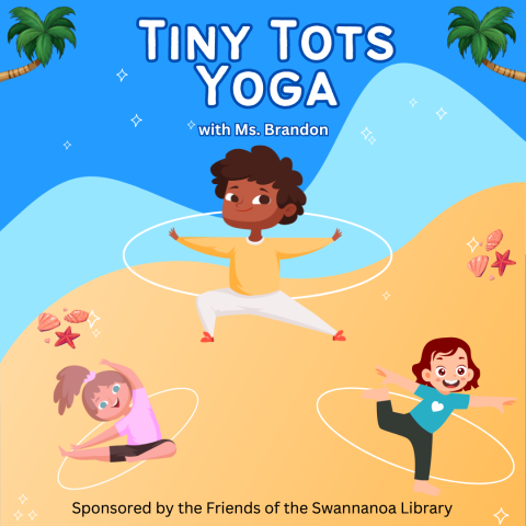 A cartoon image of children in differing yoga poses against a beach background. 