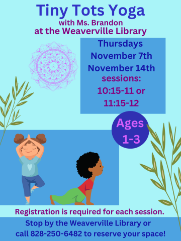 Two small children doing yoga. Bamboo stalks on sides of flyer. Blue background. Includes event details, registration info and dates.