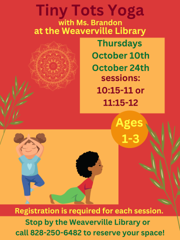 Two small children doing yoga. Bamboo stalks on sides of flyer. Orange background. Includes event details, registration info and dates.