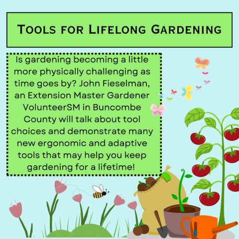 Tools for Lifelong Gardening on September 28th at 3:00 at the Swannanoa Library, garden flowers and vegetables border a green and blue square