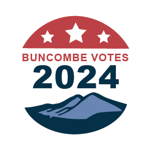 Logo design featuring red, white and blue with stars and mountains, text: Buncombe Votes 2024