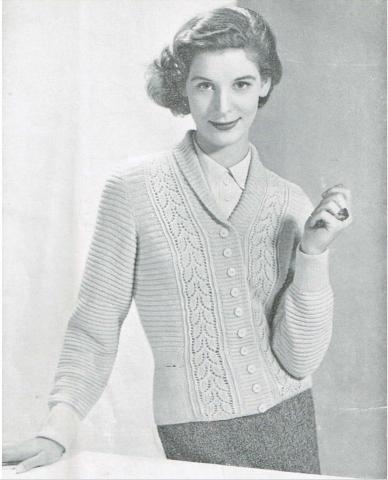 Black and white Vintage sweater pattern. Model wearing v neck sweater. 