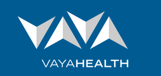 Alternating upside down and right side up stylized letter Vs on blue background (Vaya Health Logo). 