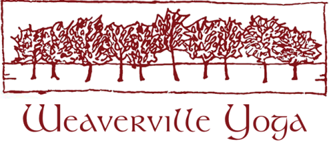 Burgandy colored forest of trees in a horizontal line with the words Weaverville Yoga written underneath (Logo for Weaverville Yoga)