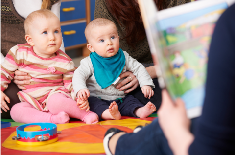 Two white babies sitting on the floor, held up by adult hands, with an out-of-focus picture book being held by a barely visible adult facing them.