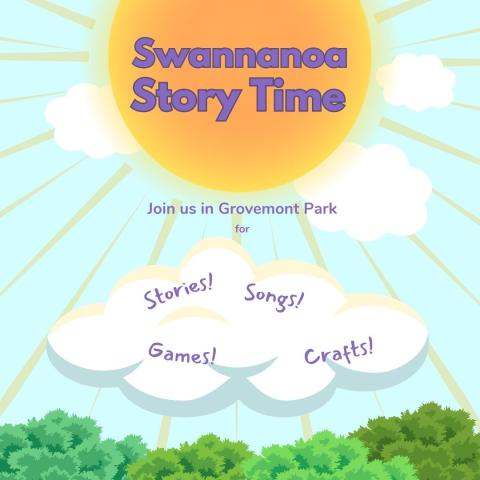  An image of a sun over green trees advertising a Swannanoa storytime.