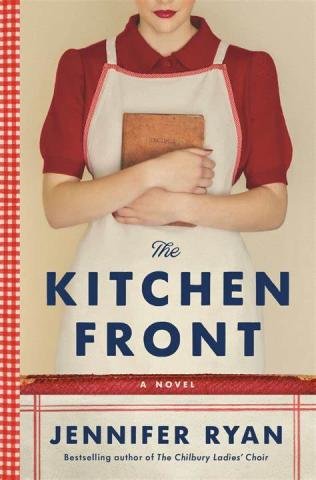 Book Cover: the torso of a white woman in a red blouse and white baking apron with her arms crossed in front of her holding a brown book.  