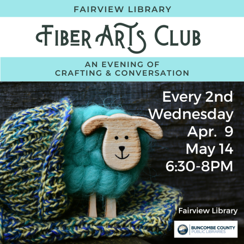 Knitted items advertising Fiber Arts Club meeting