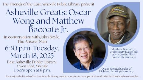 Photos of Matthew Bacoate Jr. and Oscar Wong inset in two stylized medium-blue speech bubbles on a light blue background.