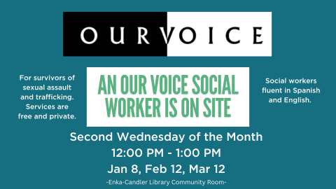 ourvoice flyer in black, white, light green, and dark green