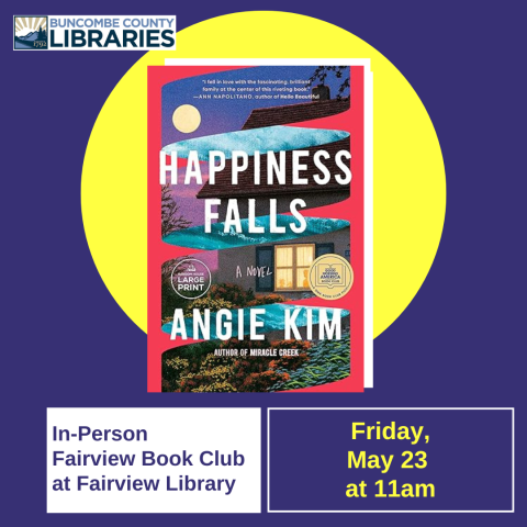 Book jacket design of Happiness Falls over a large yellow circle on a dark purple background.