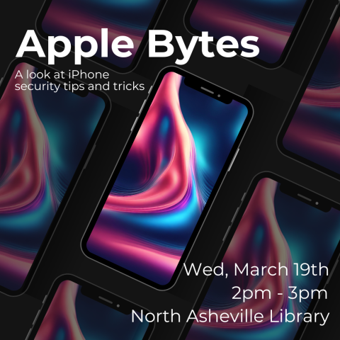 Background of iphones in repeating pattern. Text reads Apple Bytes: A look at Iphone security tips and tricks