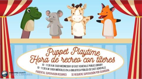 Blue flyer bordered with circus curtains open to a stage with four animal handpuppets; a crocodile, mouse, giraffe, and fox.  Text is in English and Spanish.