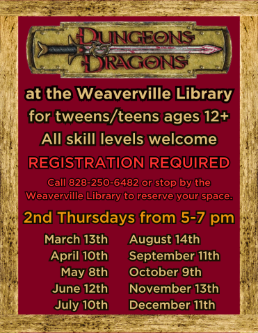 Red background with wood grain border. Dungeons & Dragons banner with a sword horizontally through the center. Information about dates, location, and registration listed.