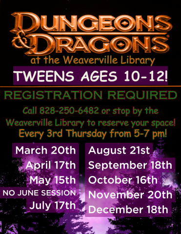 Black background with Dungeons & Dragons logo in gold letters. Information about the location, age restriction, meeting dates, registration, etc.