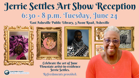 Artist Jerrie Settles stands in front of several framed examples of her paintings.