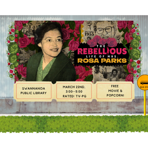 Image of Rosa Parks surrounded by flowers. Images of movie tickets in the foreground.