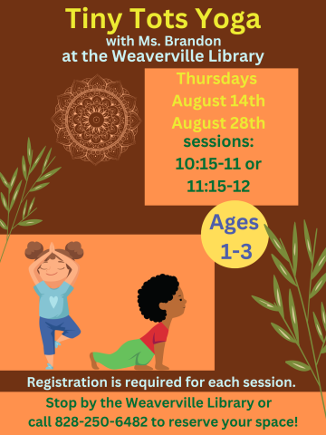 Brown background, two small illustrated children doing yoga. Date, time, age range, and registration details included on flyer.