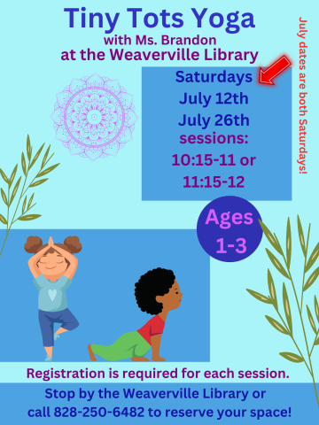 Blue background, two small illustrated children doing yoga. Date, time, age range, and registration details included on flyer.