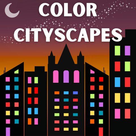 A silhouette of a city skyline with multucolored windows. 