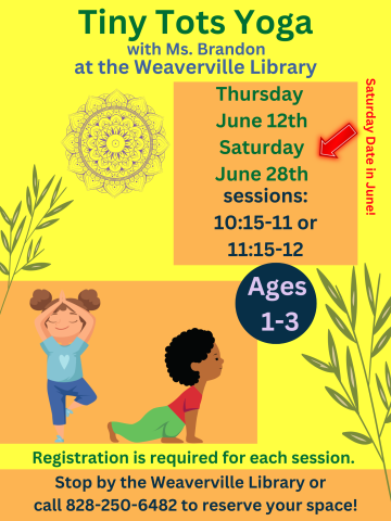 Yellow background, two small illustrated children doing yoga. Date, time, age range, and registration details included on flyer.