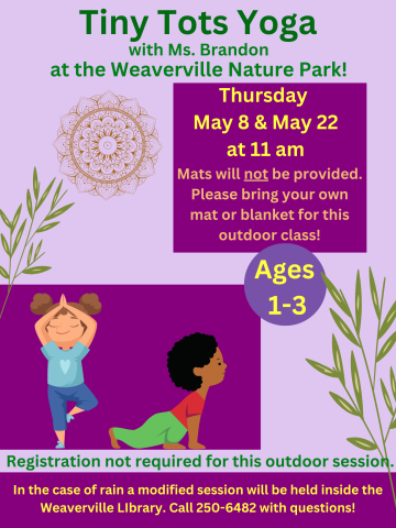 Purple background, two small illustrated children doing yoga. Date, time, age range, and registration details included on flyer.