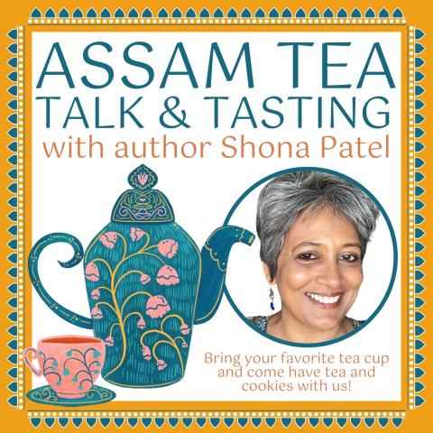 A photo of author Shona Patel sits beside an illustrated image of a dark teal teapot and pink cup. The border of the image is a golden orange color with a white and teal border design.