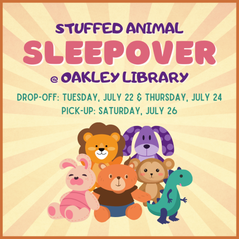 Six colorful stuffed animals on a striped background announce this year's Stuffed Animal Sleepover at Oakley/South Asheville Library.