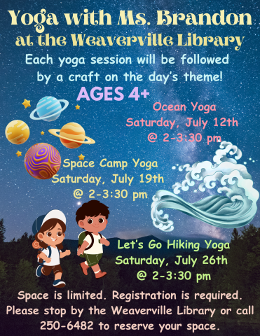  Starry night sky background, text in yellow/blue/pink/green describing program details, illustrations of planets, wave, and children hiking.