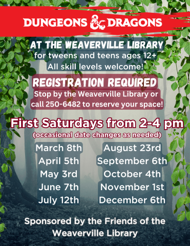 misty forest background. Red banner across the top of page with Dungeons & Dragons written in white text. Flyer includes information about registration, dates, etc.