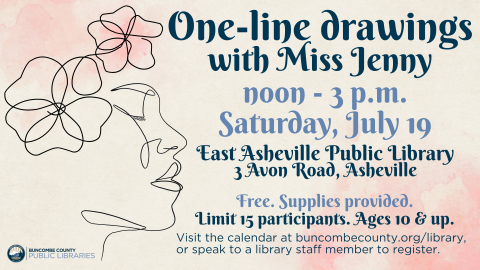 A simple black line drawing of a woman wearing flowers on her head stands against a pink and peach watercolor background.