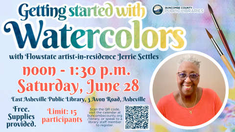 A woman wearing an orange shirt stands against a muted watercolor background. Two watercolor paintbrushes rest in the area above her.