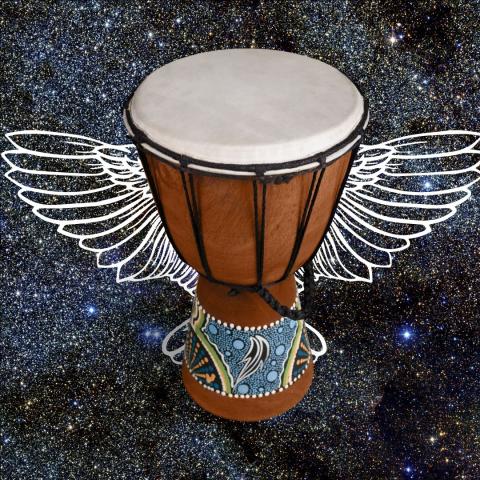 Drum with wings flying through space