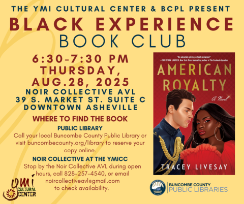 A picture of the cover of the book "American Royalty" on a yellow background. The cover has an image of a young couple against a dark red background: a white man with black hair in a dark blue uniform with gold braid looks intently at a Black woman with long, flowing hair and a red dress bordered with ruffles.