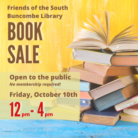 Flyer for Friday general admission to the Friends of the Library booksale, 12pm-4pm.  Brown and red text on a yellow background with a photo of books. 