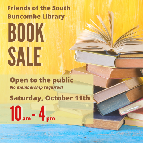 Flyer for Saturday general admission to the Friends of the Library booksale, 10am-4pm.  Brown and red text on a yellow background with a photo of books. 