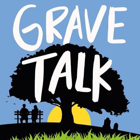 Cropped cover of the novel "Grave Talk" by Nick Spalding.  Sketchy white text over a drawing of a black tree silhouette and two people on a park bench against a sunset.