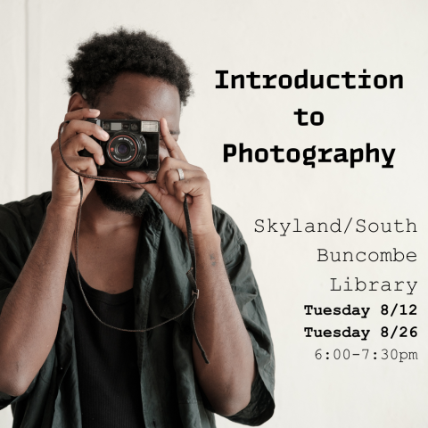 A photograph of a man taking a picture, with the title "Introduction to Photography" and the dates and times listed.