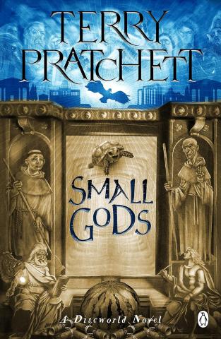 Blue and brown cover of the book "Small Gods" by Terry Pratchett. Image of a smiling turtle and a couple of priestly-looking characters framing him. 