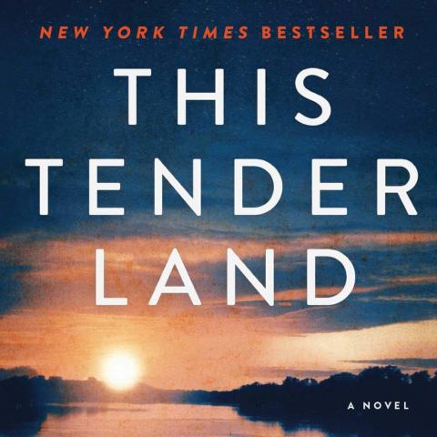 Cropped cover of "This Tender Land" by William Kent Krueger.  White text over a photograph of a colorful sunset over a lake or bayou.