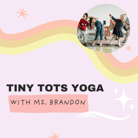 A small image of children doing yoga over a pink background. 