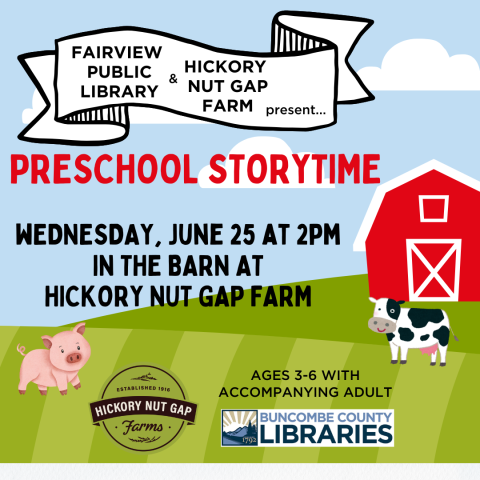 Banner, barn and farm animals announcing a preschool story time at Hickory Nut Gap Farm