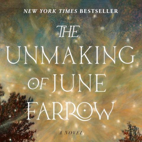 Cropped cover of "The Unmaking of June Farrow" by Adrienne Young,  White text in a magical looking font, over a picture of the sky in shades of gold with sparks of light.