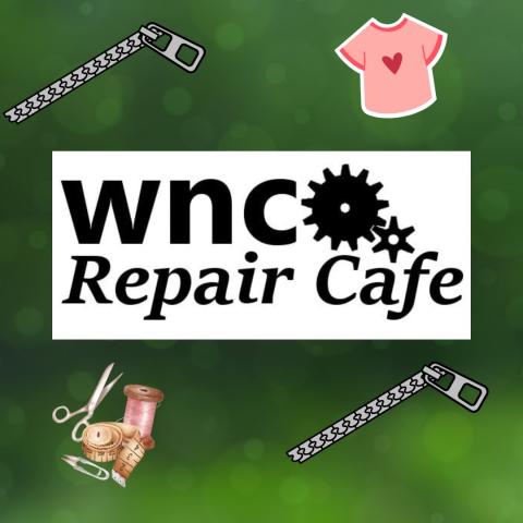 WNC Repair Cafe logo- with sewing supplies and clothing