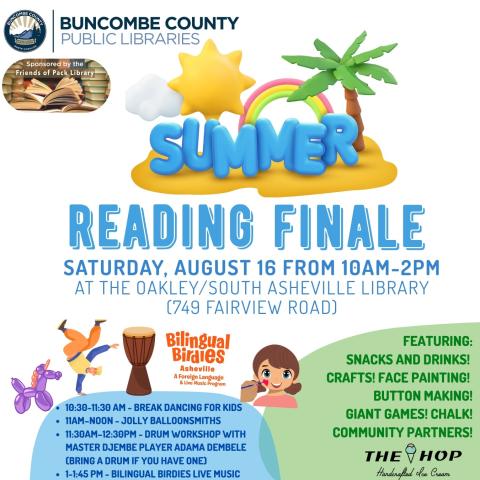 Image depicts a balloon animal, break dancing, drum, and face painting above date and time information for the Summer Reading Finale